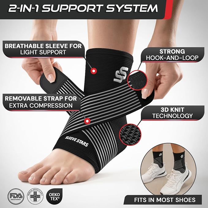 Sleeve Stars Ankle Brace for Women & Men, Ankle Wrap for Sprain, Compression Sleeve for Plantar Fasciitis Relief, Easy Customizable Support: w/ Removable Strap (Single/M:10"-12"/Black)