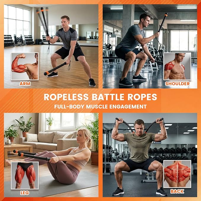 Weighted Ropeless Battle Ropes, Cordless Trainer for Home Gym Workouts | Quiet steel springs, adjustable weight rings and non-slip grips for portable HIIT, cardio and strength training
