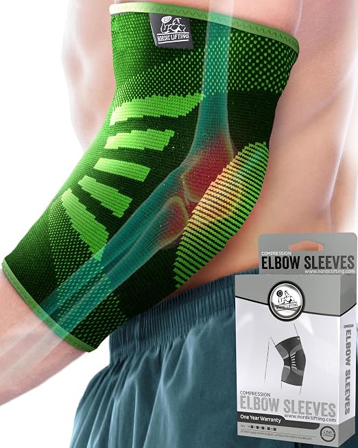 Elbow Compression Sleeves (1 Pair) - Elbow Brace for Tendonitis, Tennis & Golfers Elbow - Weightlifting Support for Men & Women - Pain Relief & Joint Recovery (2, Neon Green, Small)