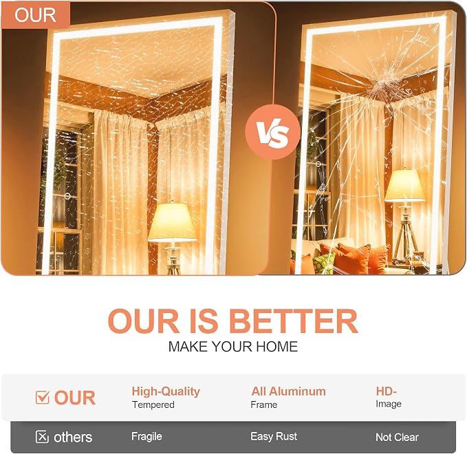 79" x 32" Full Length Mirror with Lights, Large LED Lighted Floor Standing Body Mirror, Dimmable & 3 Color Lighting for Bedroom, Cloakroom, Dressing Room, Tempered Glass, White Frame