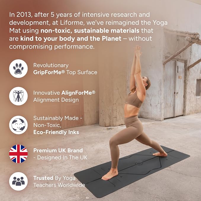 Liforme Evolve Yoga Mat - Patented Alignment Design, Advanced Non-Slip Grip | Eco-friendly, Non-Toxic, Sweat-Resistant, long, wide, 4.2mm thick mat for comfort, recommended for Hot Yoga, Free Yoga Bag