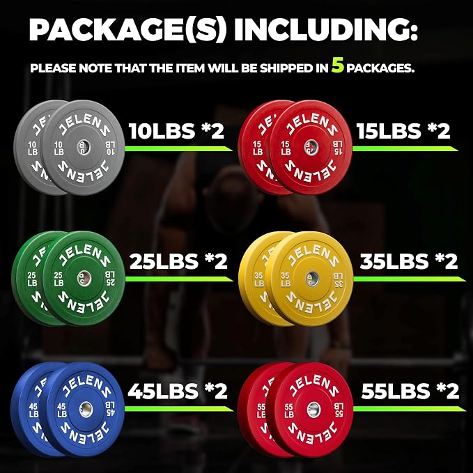 JELENS Olympic Barbell Weight Plates Set, 2-Inch Black/Colored Rubber Bumper Plate Weight Set for Strength Training and Weightlifting, Multiple Options