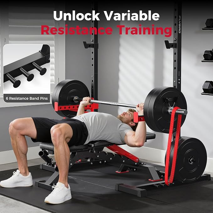 FLYBIRD SR1 Squat Rack, Adjustable Power Rack for 6FT/7FT Barbells | Squat Rack for Home Gyms with Pull-Up Bar,22 Adjustment Positions, J-Hooks and Safety Spotter Arms w/ 110/180LBS Home Package