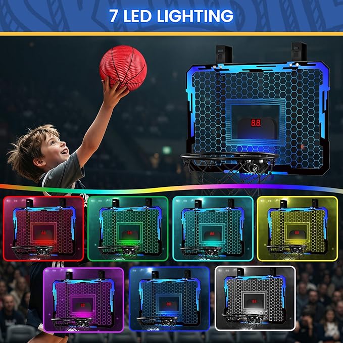 QDRAGON Mini Basketball Hoop with Scoreboard & 7 LED Lighting | Over The Door Indoor, with 3 Balls/Inflator/Breakaway Rim, Basketball Toy Gifts for Kids Adults, Suit for Bedroom/Office