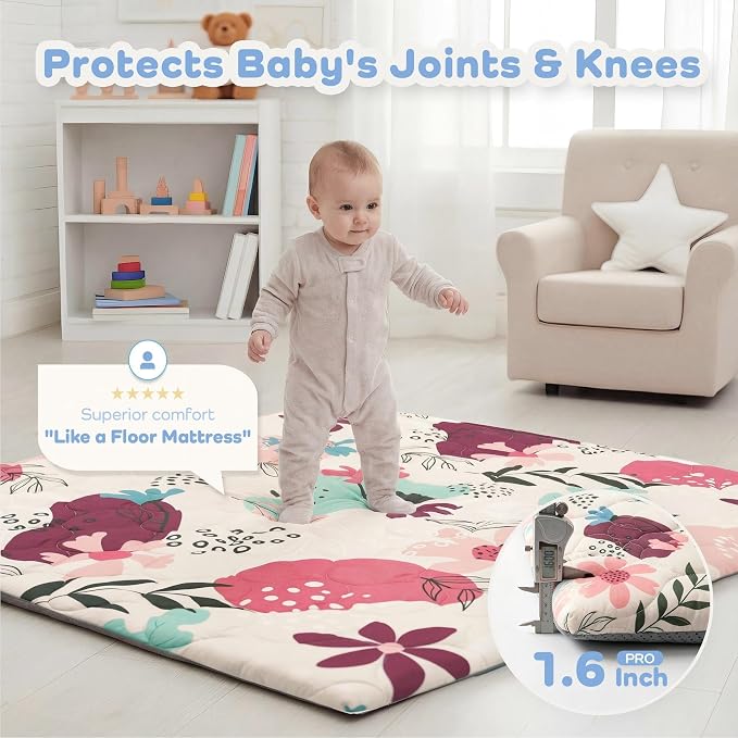 1.6" Thick Baby Play Mat, 50x50 Removable & Machine Washable Cover | Padded Memory Foam, Non-Slip Backing, 100% Baby-Safe Materials, Tummy Time Crawling, Outdoor, Bedroom, Living Room, Nursery