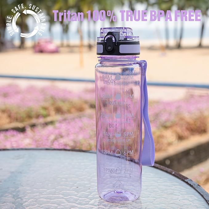 OLDLEY Water Bottle, 32oz Motivational Sports Water Bottle with Time Marker - Times to Drink - Tritan, BPA Free, Wide Mouth Leakproof,Amethyst
