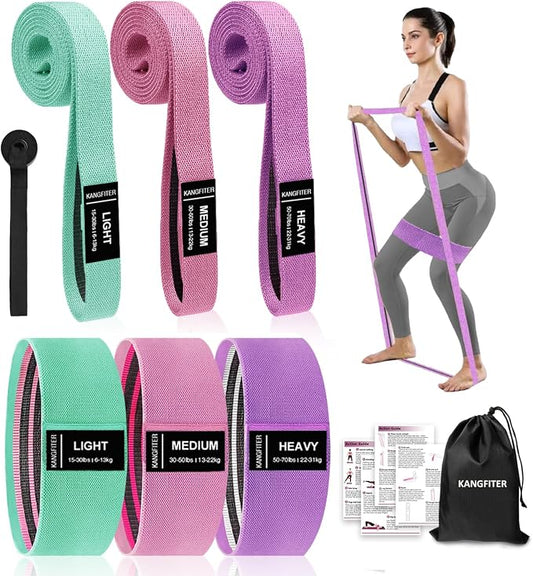 KANGFITER Long and Short 6 Fabric Resistance Bands Set with Door Anchor | Non-Slip Stretch Booty Bands for Working Out Women & Men, Loop Exercise Elastic Bands for Home Physical Therapy Yoga Pilates