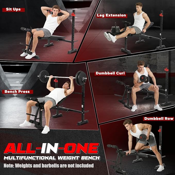 MAIDOMA Multi-Function 8 in 1 Foldable Weight Bench Set with Leg Extension | Foldable Bench Press with Rack, Adjustable Flat Incline Decline Workout Bench Set for Home Gym.（US Stock）