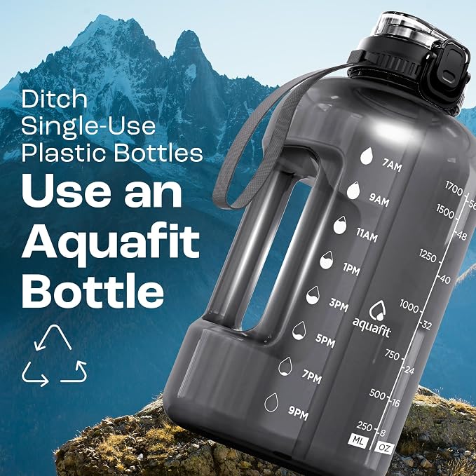 AQUAFIT 64 oz Water Bottle with Time Marker, 2in1 Lid | BPA Free Half Gallon Water Bottle with 2in1 Straw and Chug Lid - Leakproof Gym Water Bottle with Carry Handle (Gray)