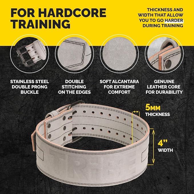 5mm Genuine Leather Weight Lifting Belt for Squats and Deadlifts | 4-inch lumbar support, two-prong buckle, double-layer construction, comfortable adjustable fit for heavy lifts