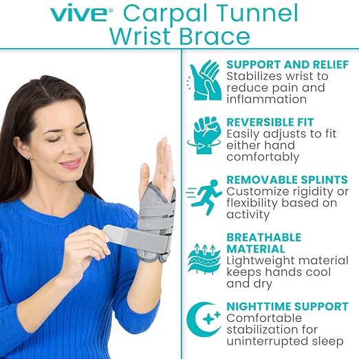 Vive Carpal Tunnel Wrist Brace with Splint for Left or Right Hand | Adjustable Night Wrist Support Splint Immobilizer for Men & Women - Cockup Brace for Arthritis, Tendonitis, Sprain, Injuries