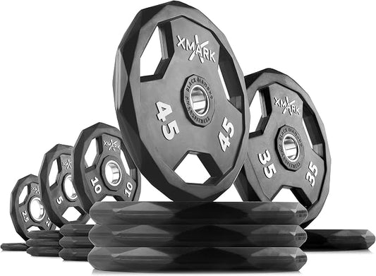 XMARK Black Diamond Olympic Weight Plates 2-Inch, Rubber Barbell Plates with Tri-Grip Handles for Home Gym Strength Training