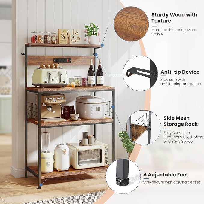 DUMOS 23.6" Bakers Rack with Power Outlet for Kitchen Organization | Microwave Stand with 3 AC Outlets, On/Off Switch and 6.5ft Power Cord, 3 Open Tiers and Adjustable Middle Shelf, Brown