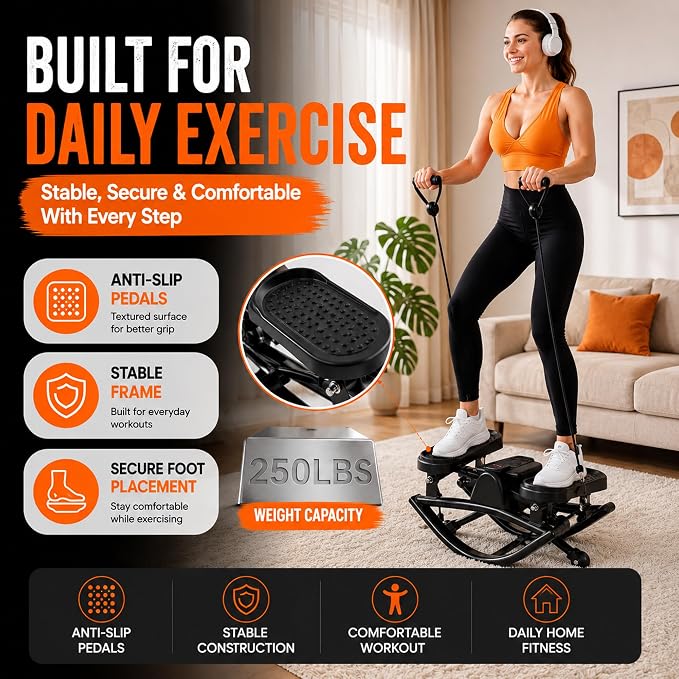 Lhanel Rock Stepper for Home Workout, Low-Impact Side Stepper with Resistance Bands, Side-to-Side Mini Stepper for Cardio, Weight Loss & Full Body Exercise