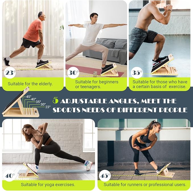 Slant Board Calf Stretching, 300 LBS Capacity Portable Wooden Incline Board | Training Poster, 5 Adjustable Angles, Non-Slip Calf Mobility Board for Legs, Ankles, Knees, Heels, Physical Therapy & Squats