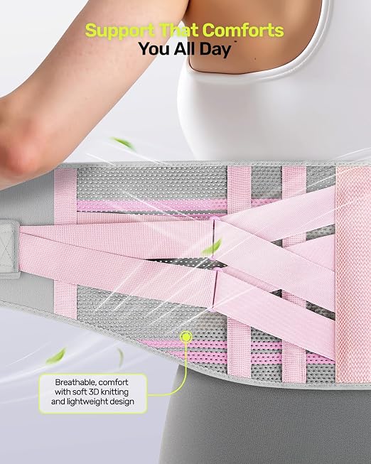 Rakiie Back Brace for Lower Back Pain Women with 9X Support System, Ergonomic Lumbar Support for Pain Relief, Breathable Mesh Design with 3D Silicone Pad for Sciatica, Pink Size M (Waist: 32.3" – 39.8")