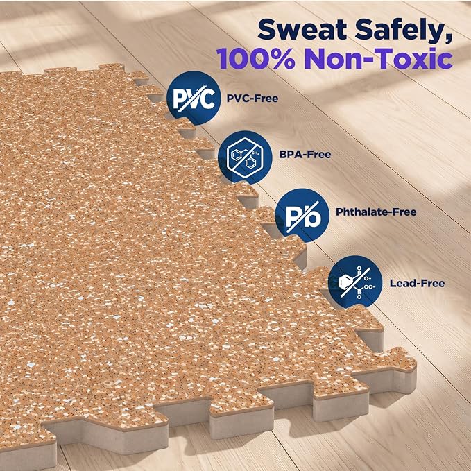 48 Sq Ft Rubber Top Gym Flooring for Home Gym, Wood Grain | 12 Tiles, High Density EVA Foam, Waterproof & Non-Slip Rubber, 0.4" Interlocking Puzzle Mats, Floor Protection, 24"x24"