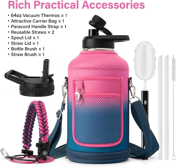 DYSANKY Insulated Water Bottle | Thickened Stainless Steel Vacuum Metal | Portable Sports Half Gallon Large Water Jug for Gym and Hiking with Straw, Carrier Bag, Handle Strap | BPA-Free 64 oz