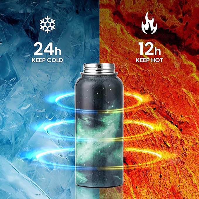 RAYMYLO Insulated Water Bottle 32 oz, Triple Wall Vacuum Stainless Steel | (Cold for 24Hrs, Hot for 12Hrs), Leak Proof & Non-BPA, Modern Water Flask Jug with Paracord Handle & Straw Spout Lids