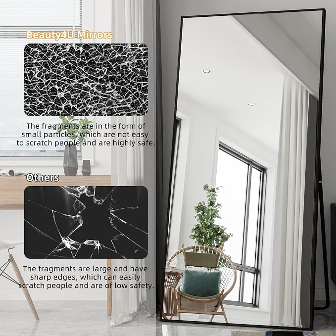Beauty4U 79" x 39" Full Length Mirror with Stand, Black Large Floor Mirror | Standing, Leaning, or Wall-Mounted Tempered Glass Full Body Mirror with Metal Frame for Bedroom, Closet, Modern Home Decor
