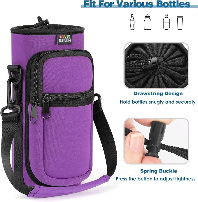 Nuovoware Water Bottle Carrier Bag, 25oz/32oz Bottle Pouch Holder, Adjustable Shoulder Hand Strap 2 Pocket Sling Neoprene Sleeve Sports Accessories for Men/Women Hiking Travelling, Purple