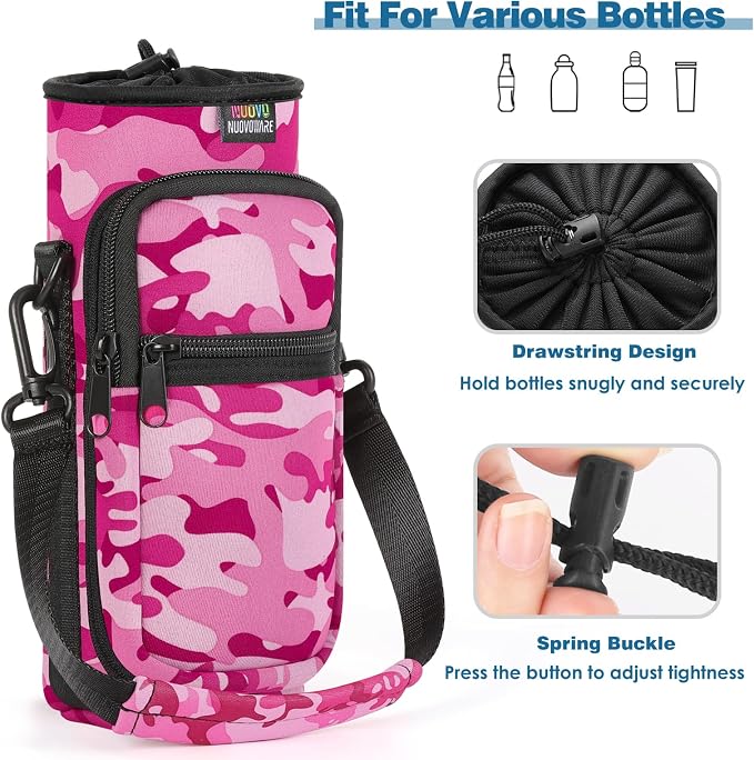 Nuovoware Water Bottle Carrier Bag, 25oz/32oz, Camouflage Pink | Adjustable Shoulder Hand Strap, 2 Pocket, Neoprene Sleeve, For Hiking Travelling Camping