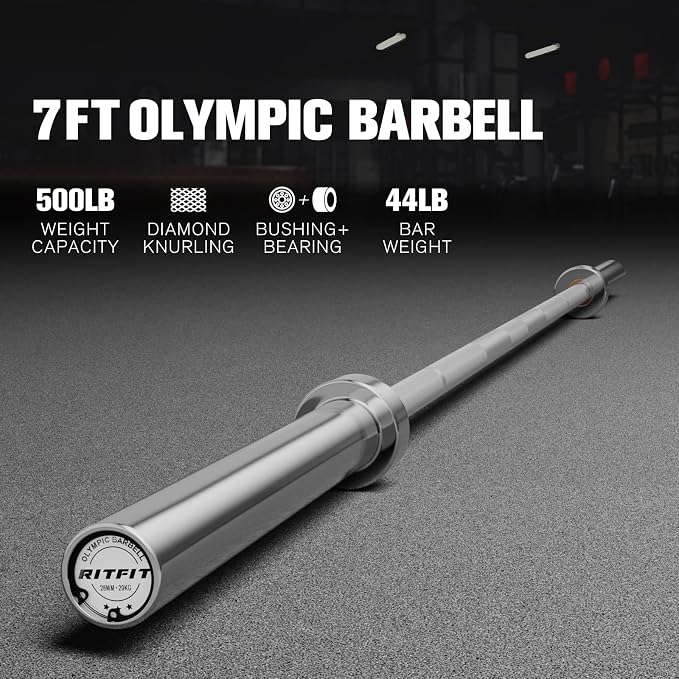 RitFit Elite 7ft Olympic Barbell, Robust 45lb Barbell for Weightlifting and Powerlifting, Superior Olympic Bar with Exceptional 500lbs Load Capacity, Weight Bar for 2” Standard Plates