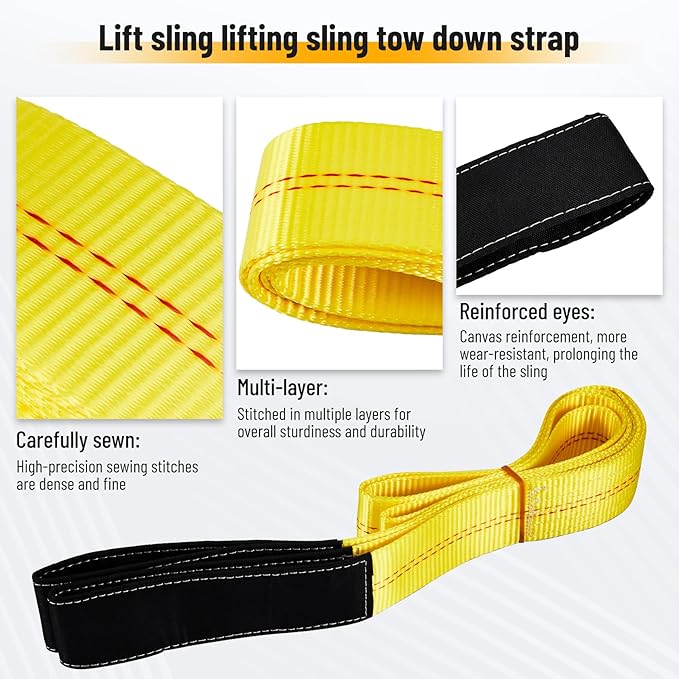 Pindex 2 Pack 2" x 8' Web Lifting Sling 11000 Lbs Breaking Force 3500 Lbs Pulling Forces Lift Sling Straps for Rocks Trees Mowers Tool Boxes in Trailers Tractors Trucks, Yellow