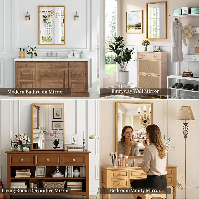 Syndra Natural Wood Frame Bathroom Mirror, 24x36'' Modern Vanity Mirror for Wall, Waterproof Slim Deep Frame, Rectangular HD Tempered Glass Mirror for Living Room, Bedroom, Entryway, Rustic, Farmhouse