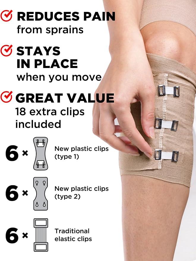 Premium Elastic Bandage Wrap - 2pk - 6 in x 15ft - Wide + 18 Extra Clips | Strong Compression Bandage Wrap for Leg, Arm, Waist, Thigh, Back, Lymphedema, Body Wrap - For First Aid Kit and After Surgery