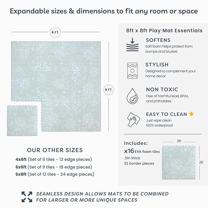 Little Landings Baby Play Mat for Floor - Eden (8x8ft) - Premium EVA Foam Play Mat for Babies & Toddlers (Ages 0-5+) - Non-Toxic Playmat for Tummy Time, Crawling & Playroom - Stylish & Comfortable