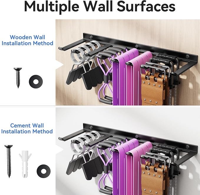 Wall-Mounted Home Gym Equipment Storage Rack for Resistance Bands, Barbell Bars, Cable Attachments, Lifting Belts, Jump Ropes, and Chains