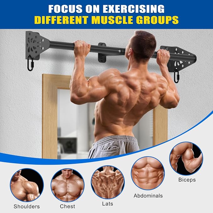Kipika Wall Mounted Pull Up Bar - Heavy Duty 500 LB Capacity Doorway Chin Up Bar for Home Gym, Sturdy Steel Construction with Resistance Band Hooks | Hanging Exercise Bar for Full Body Workout