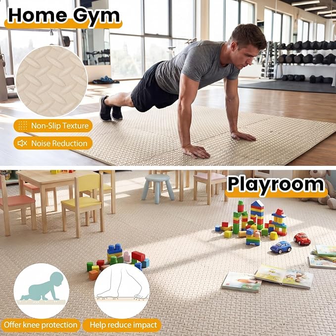 Tangkula 24 Tiles Exercise Flooring Mats with Border, Non-Slip EVA Foam Protective Mats, Elastic Puzzle Play Mats, 1/2" Interlocking Floor Mats for Home Gym, Fitness Room (Beige)