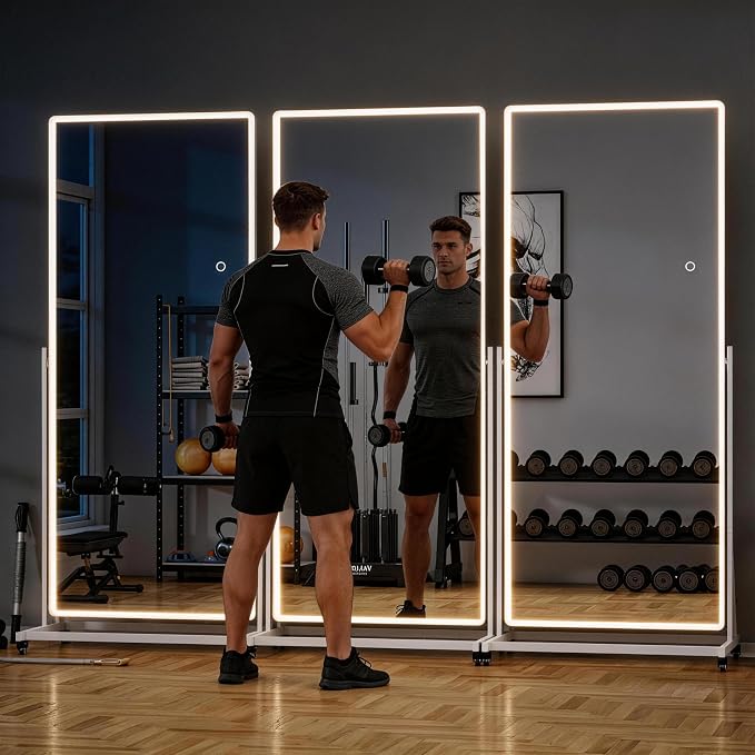 Full-body Rolling Mirror with LED Lights and Wheels, 77" x 26" Home Gym Mirrors with 360° Rotation, Dimmable & 3 Color Lighting Cloakroom, Tempered Glass & Metal Frame, Use for Bedroom, Dance Studio
