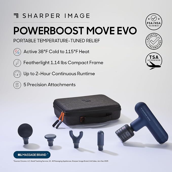 Sharper Image Deep Tissue Percussion Massage Gun, Powerboost Move Evo Hot & Cold Rechargeable Handheld Massager, 4 Adjustable Speeds, 5 Attachment Heads & Carrying Case, for Muscle Pain Relief, Blue