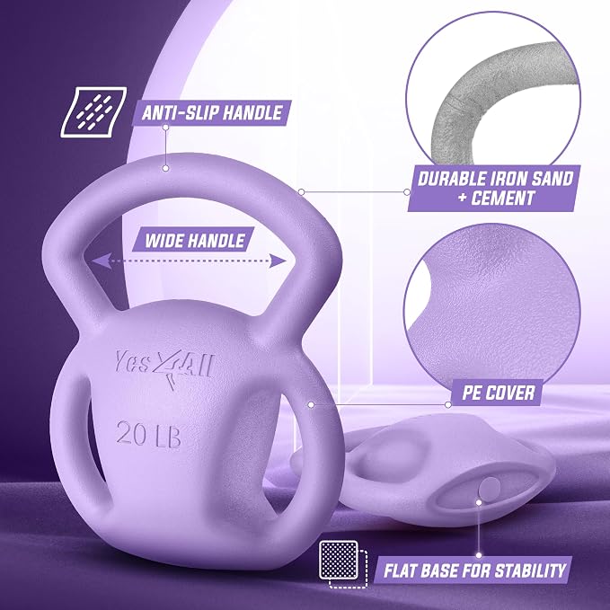 Yes4All Kettlebell, Strength Training Kettlebells for Women, Wide Multi-grip Textured Handle for Home Gym Exercises & Full Body Workout, Single 5–25 lb & Set of 10-15 lb