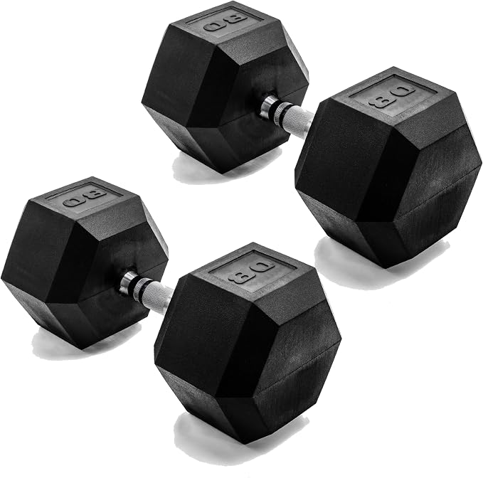 CAP Rubber Coated Dumbbell Weights, Free Weights for Home Gym Strength Training, Anti-Roll Hex Dumbbells with Black, Chrome & Comfort Grip Handles, Pairs & Sets
