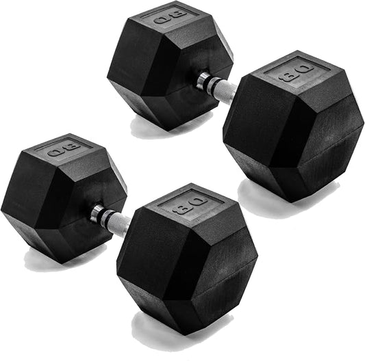 CAP Rubber Coated Dumbbell Weights, Free Weights for Home Gym Strength Training, Anti-Roll Hex Dumbbells with Black, Chrome & Comfort Grip Handles, Pairs & Sets