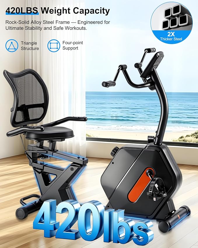 Kawnina Recumbent Exercise Bike for Home, Extra Wide Seat & Arm Exerciser | Ergonomic Back Support, Adjustable Rail, 16-Level Resistance, 420 lbs Capacity