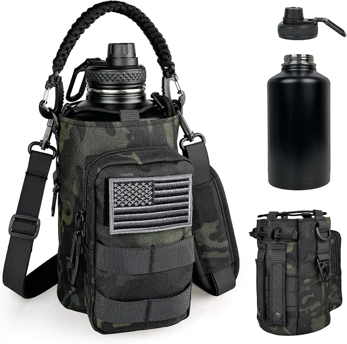DEFUNX Half Gallon Water Bottle Insulated with Sleeve - Tactical 64 oz Stainless Steel Water Jug with MOLLE Water Bottle Pouch, Gym Water Bottles for Men Hiking Workout (Black Camo)