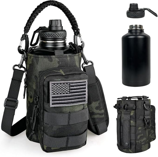 DEFUNX Half Gallon Water Bottle Insulated with Sleeve - Tactical 64 oz Stainless Steel Water Jug with MOLLE Water Bottle Pouch, Gym Water Bottles for Men Hiking Workout (Black Camo)