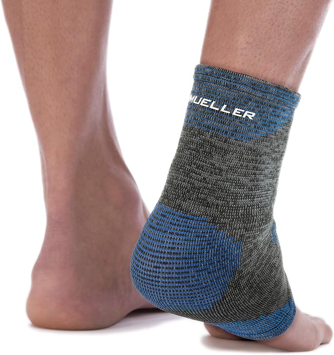 Mueller Sports Medicine FIR 4-Way Ankle Support Sleeve, Ankle Pain Relief Support for Men and Women, Ideal for Sprains, Strains, Arthritis, Black/Blue