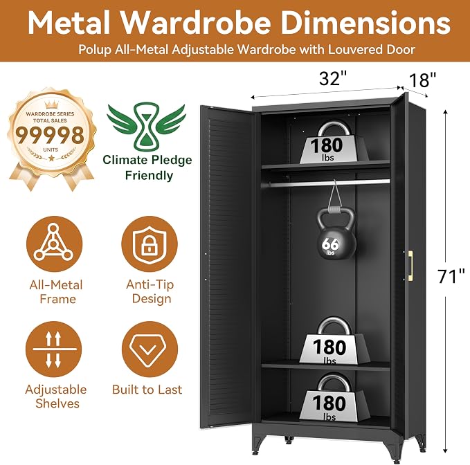Polup 71" Tall Metal Armoire Wardrobe Closet with 2 Doors | Heavy Duty Steel Clothing Storage Cabinet with Hanging Rod & Adjustable Shelves, Locker Organizer for Bedroom, Office, Black
