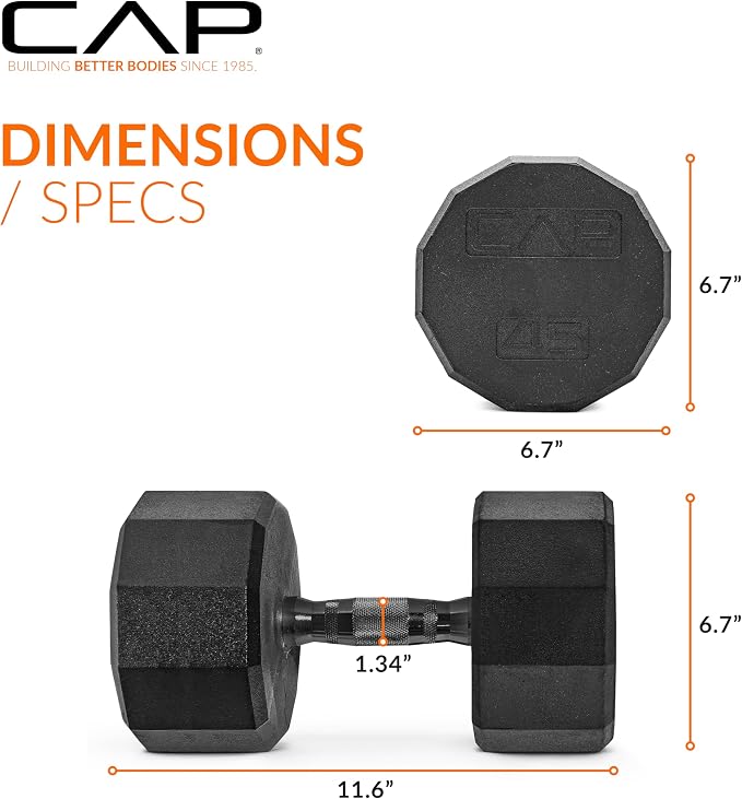 CAP Rubber Coated Dumbbell Weights, Free Weights for Home Gym Strength Training, Anti-Roll Hex Dumbbells with Black, Chrome & Comfort Grip Handles, Pairs & Sets