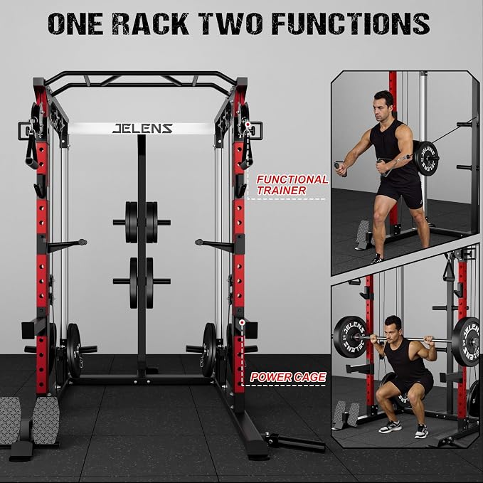 JELENS C21 Power Cage, 2000LBS Multi-Function Power Rack with Independent Dual Pulley System, All-in-One Squat Rack for Cable Crossover, Home Gym Workout Machine