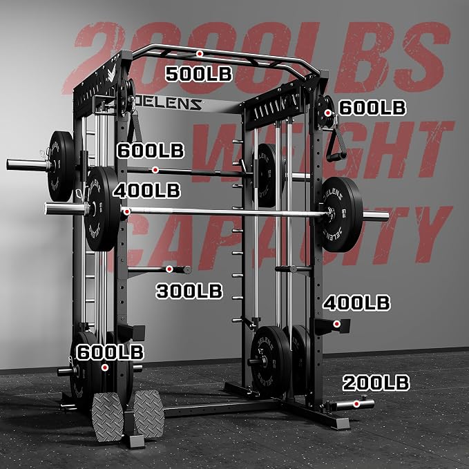JELENS M21 Smith Machine, Multi-Function Power Cage with Dual Pulley Cable Crossover System, 2000LBS All-in-One Squat Rack with Smith Bar and Attachments for Home Gym