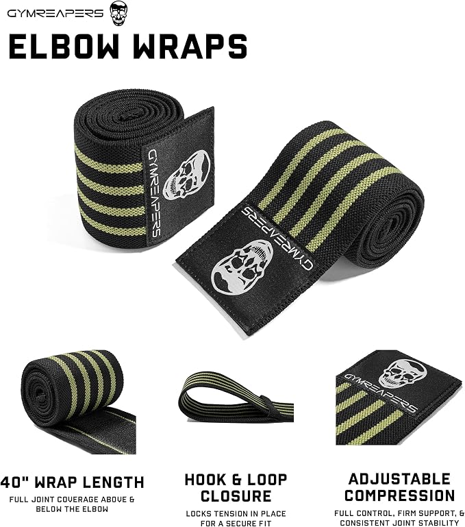 Gymreapers Weightlifting Elbow Wraps (1 Pair) - Flexible 40'' Elbow Compression Strap & Joint Support Brace - for Bench Press, Powerlifting, and Pressing