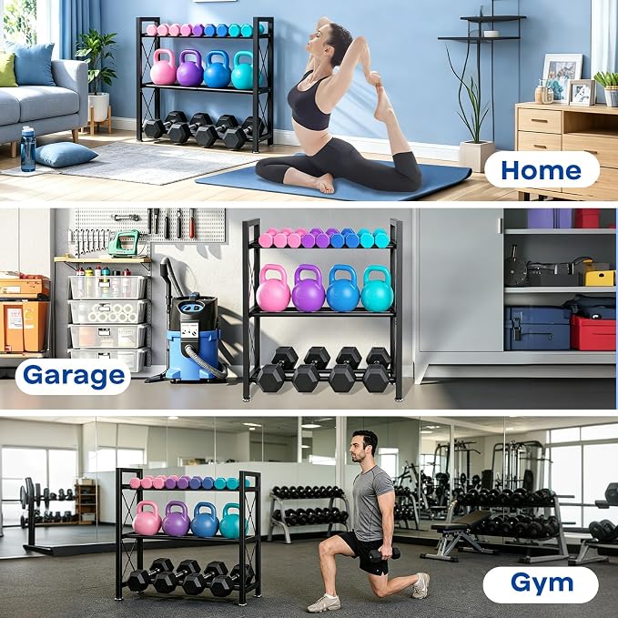 Dumbbell Rack Stand Only, 2 Tier | 3 Tier Adjustable Weight Rack | Thick Steel, Stable Compact H-Frame, Custom Bar Gap, Non-Slip Base, Waterproof Rustproof Coating, For Home Gym Garage Storage
