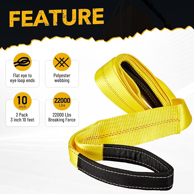 Pindex 2 Pack 3" x 10' Web Lifting Sling 22000 Lbs Breaking Force 3500 Lbs Pulling Forces Lift Sling Straps for Rocks Trees Mowers Tool Boxes in Trailers Tractors Trucks, Yellow